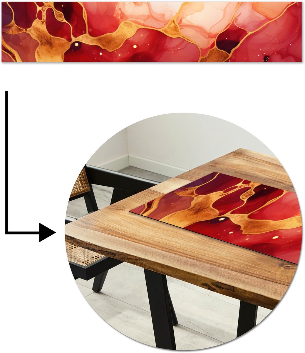 Tafelloper 200x40 cm - Tafelmat vinyl Marmer - Rood - Goud - Modern - Abstract - Tafeldecoratie - Tafelversiering - Keuken decoratie - Tafel versiering