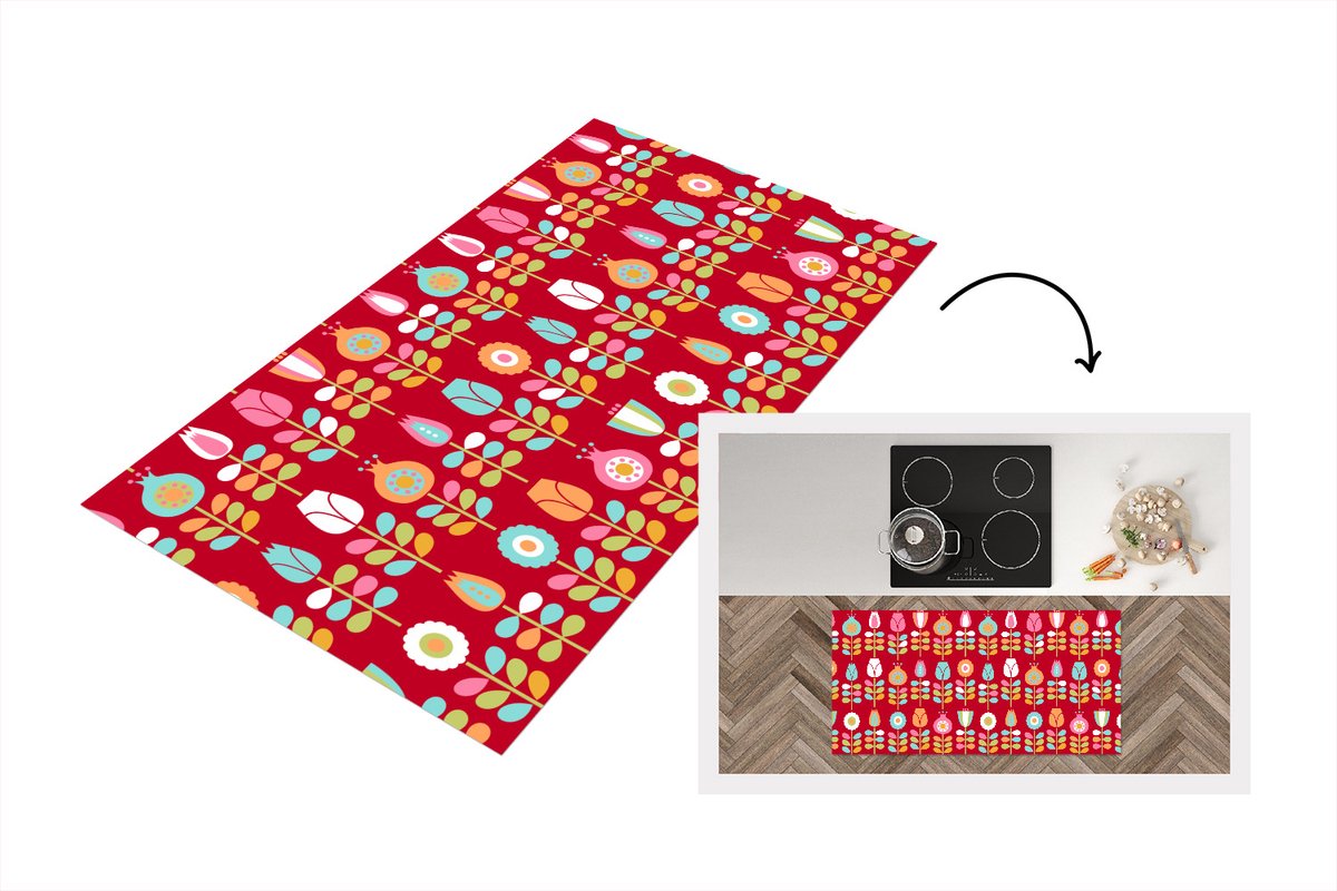 KitchenYeah Keukenloper 120x60 cm - Keukenmat vinyl Patronen - Bloemen - Retro - Rood - Keukenmatten loper - Keuken vloerkleed tapijt