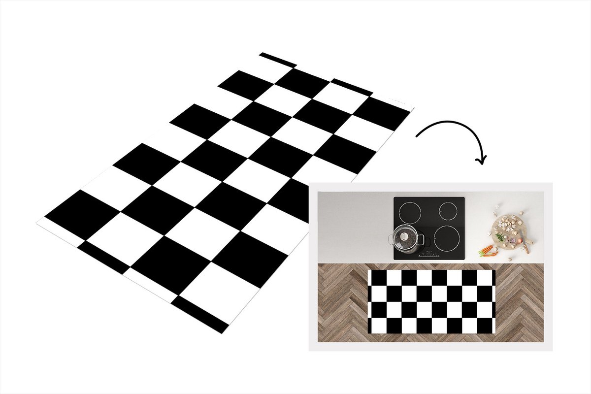 KitchenYeah Keukenloper 120x60 cm - Keukenmat vinyl Schaakbord - Patronen - Zwart Wit - Keukenmatten loper - Keuken vloerkleed tapijt