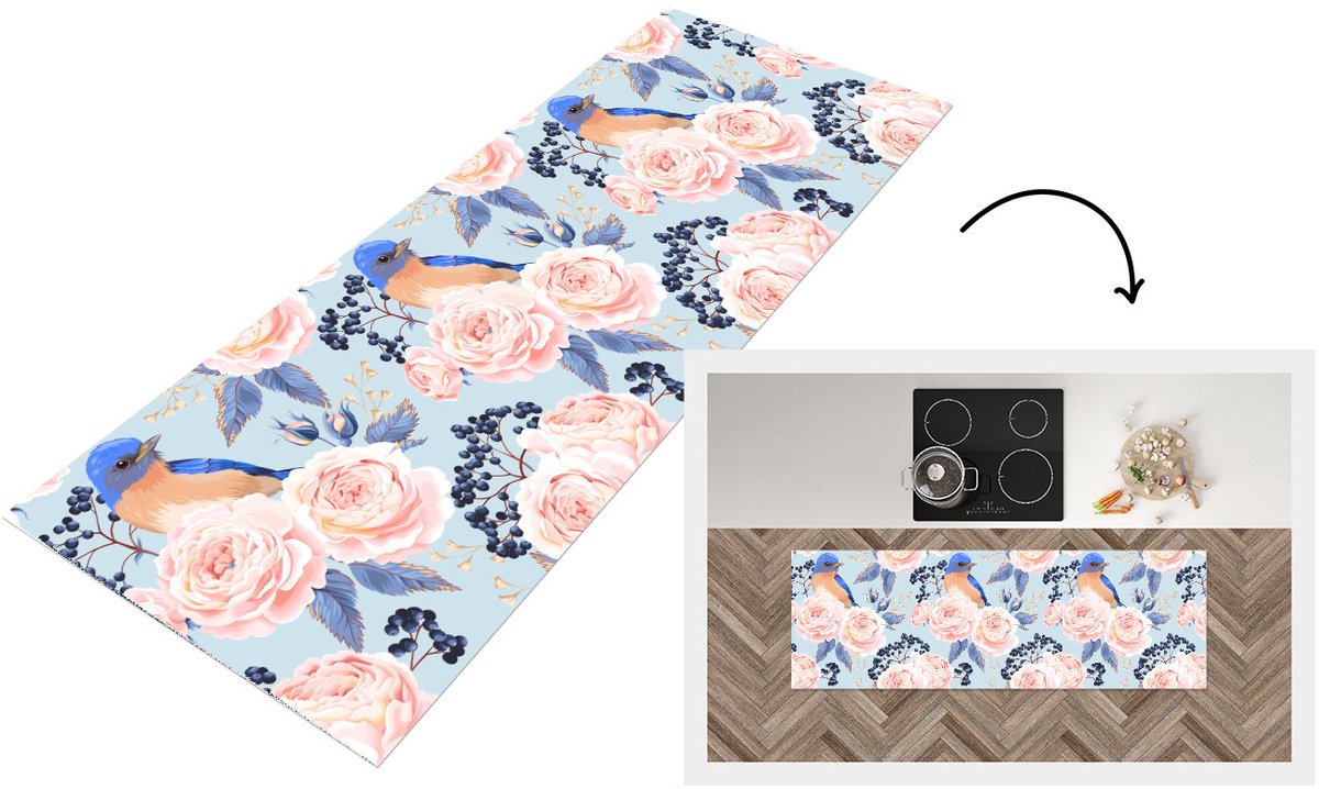 Keukenloper 150x50 cm - Keukenmat vinyl Patronen - Roos - Vogel - Blauw - Keukenmatten loper - Keuken vloerkleed tapijt