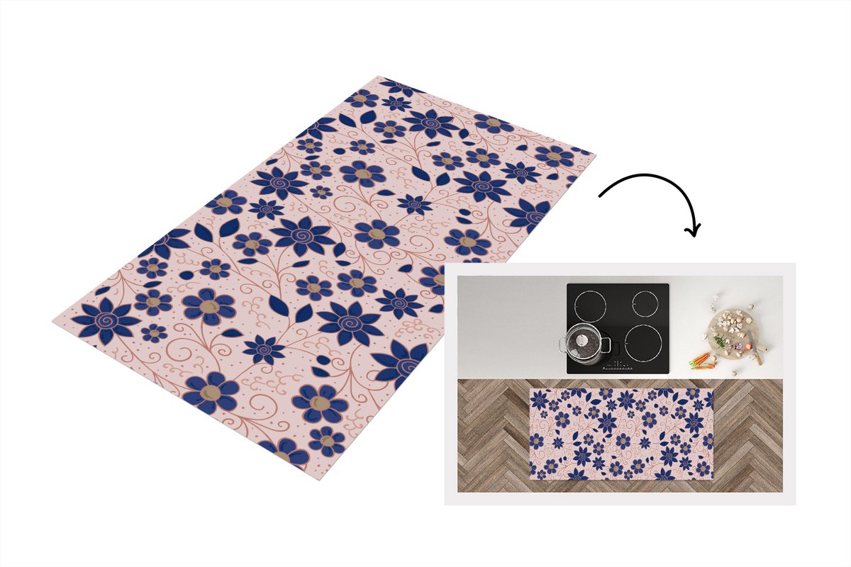 KitchenYeah Keukenloper 120x60 cm - Keukenmat vinyl Bloemen - Blauw - Japan - Patronen - Keukenmatten loper - Keuken vloerkleed tapijt