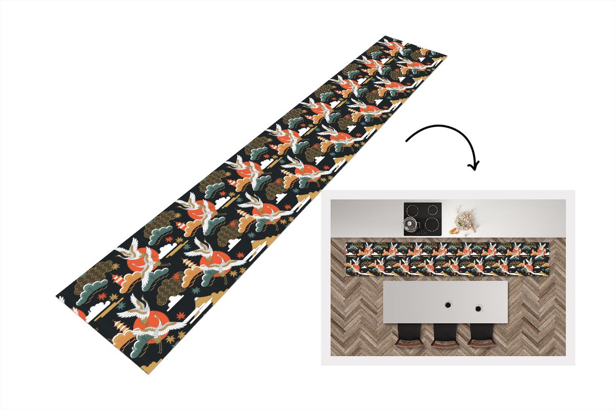 KitchenYeah Keukenloper 300x50 cm - Keukenmat vinyl Kraanvogel - Wolken - Japan - Patroon - Keukenmatten loper - Keuken vloerkleed tapijt