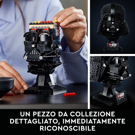 Een vrouw bouwt aan een LEGO Darth Vader helm. Er zijn detailfoto's van de helm.