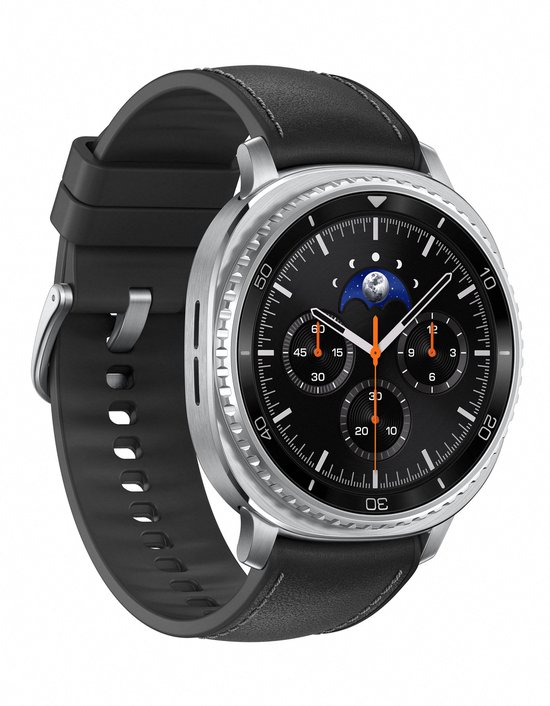 Zilverkleurig smartwatch met zwarte wijzerplaat, maanfase-indicator en gecombineerde zwarte band.