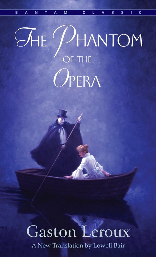 Een man met hoed en cape roeit een vrouw in een boot op een donkere wateroppervlak, met de titel "The Phantom of the Opera".