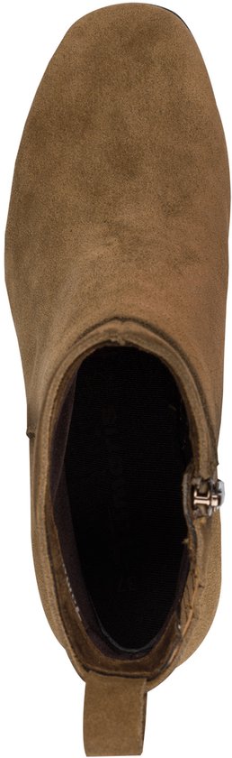 Bovenaanzicht van een bruine suède chelsea boot met rits aan de zijkant.