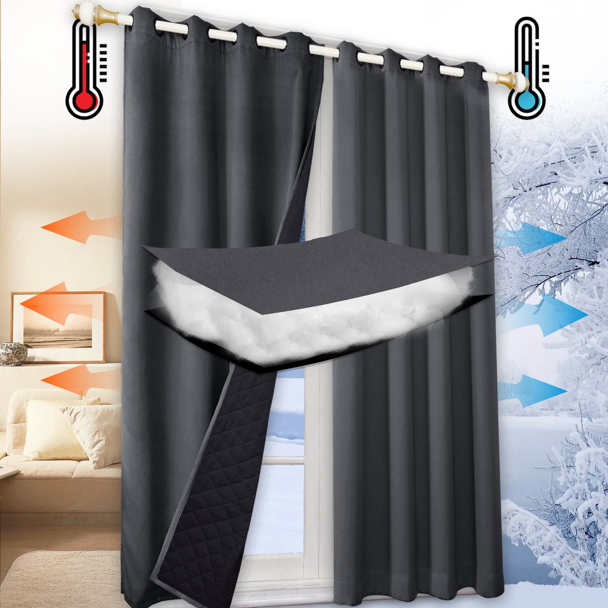 Qelus 100% Opaque Warmte-Koud Isolerend Gordijn met Ringen - Blokkeert Geluid - 1 stuk Verduisteringsgordijnen voor Woonkamer & Slaapkamer -