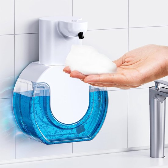 Philorn Automatische zeepdispenser, voor wandmontage, 400 ml, elektrische schuimzeepdispenser met sensor, zonder boren, 4 niveaus, verstelbare zeepschuimdispenser, IPX5 (wit