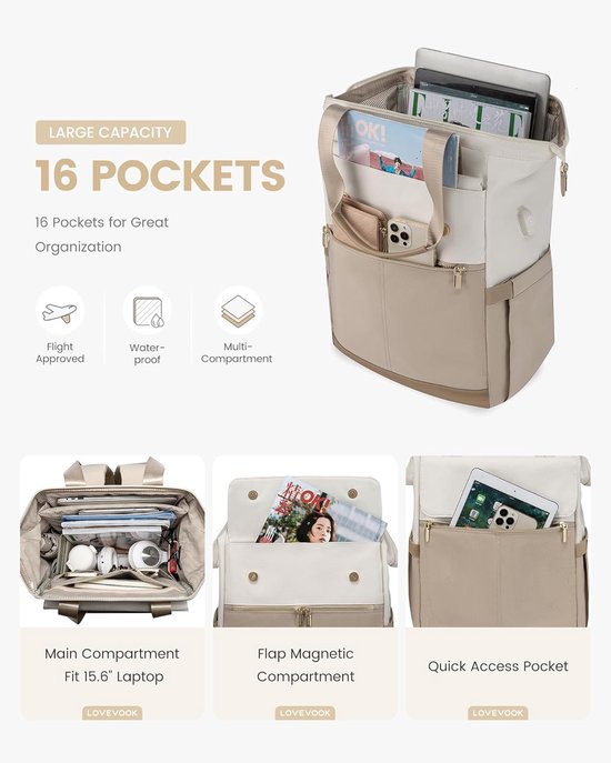 Grote beige en witte rugzak met 16 vakken, inclusief hoofdvak voor 15,6" laptop, magnetisch vak en snelle toegangsvakken.