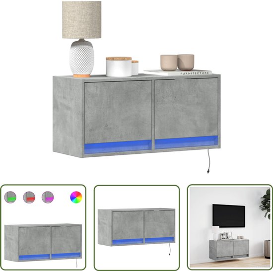 Moderne TV-Wandkasten Met RGB LED-Verlichting - Set Van 2, Betongrijs - Ruime Opbergruimte, Wandmontage Voor Woonkamer & Slaapkamer