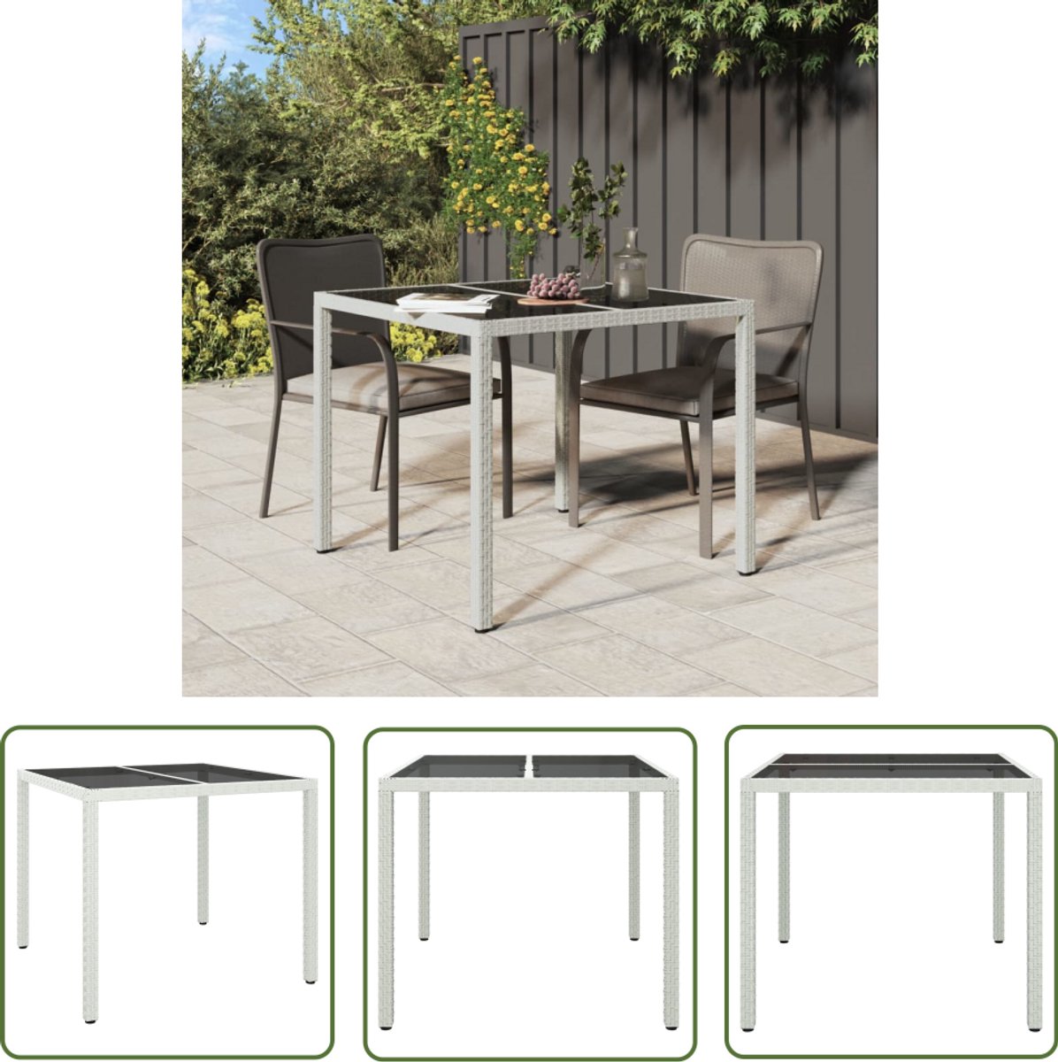 vidaXL Tuintafels - Tuinstoel - Tuintafel 90x90x75 cm gehard glas en poly rattan wit - Outdoor Furniture - Veranda Set - Lounge Set