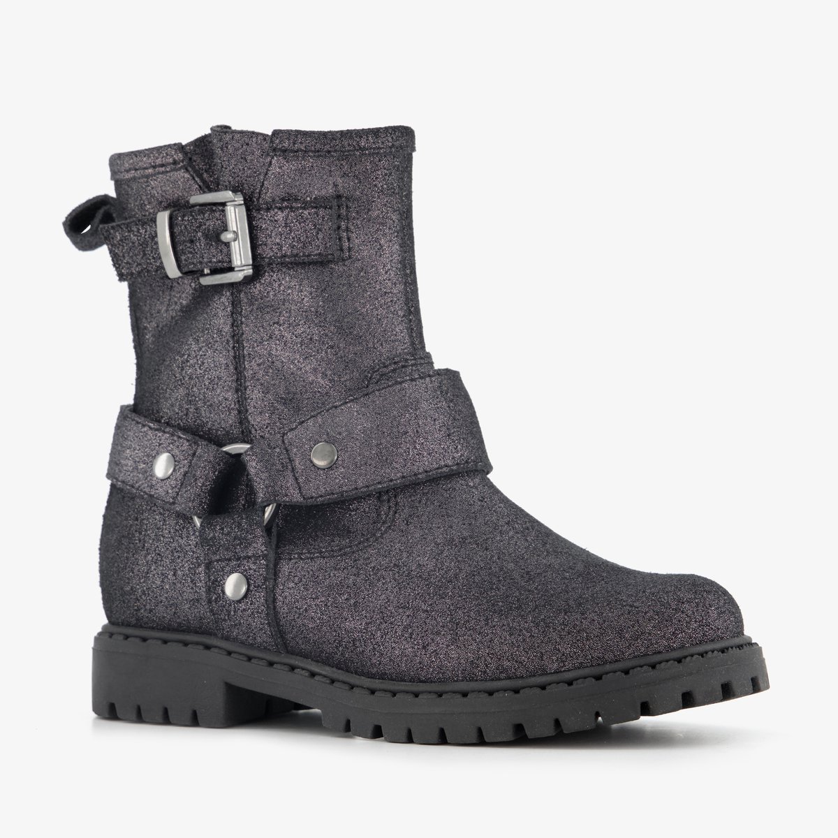 Stap leren meisjes biker boots met glitters zwart - Maat 25