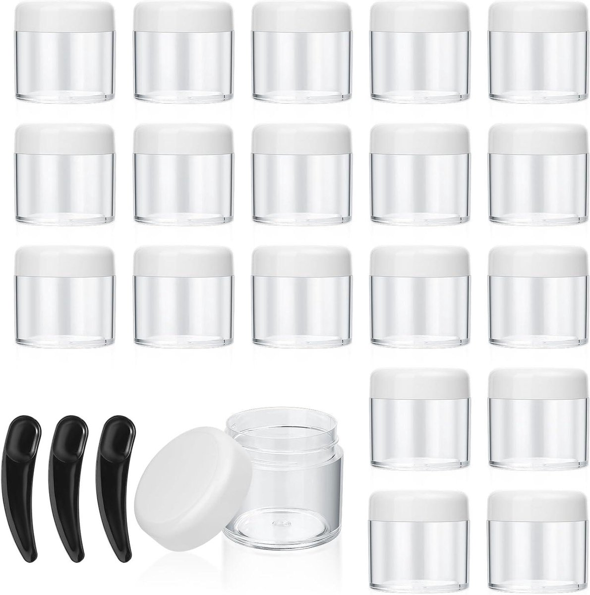 Allecto Premium - 20 doorzichtige monsterpotten 40 ml - Cosmetische containers met schroefdeksels - Reisopslag voor make-up - Met mini-spatels - Wit - Set van 20 (43 x 40 mm)