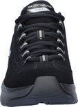 Vooraanzicht van zwarte Skechers Arch Fit damessneakers met veters en grijze accenten.
