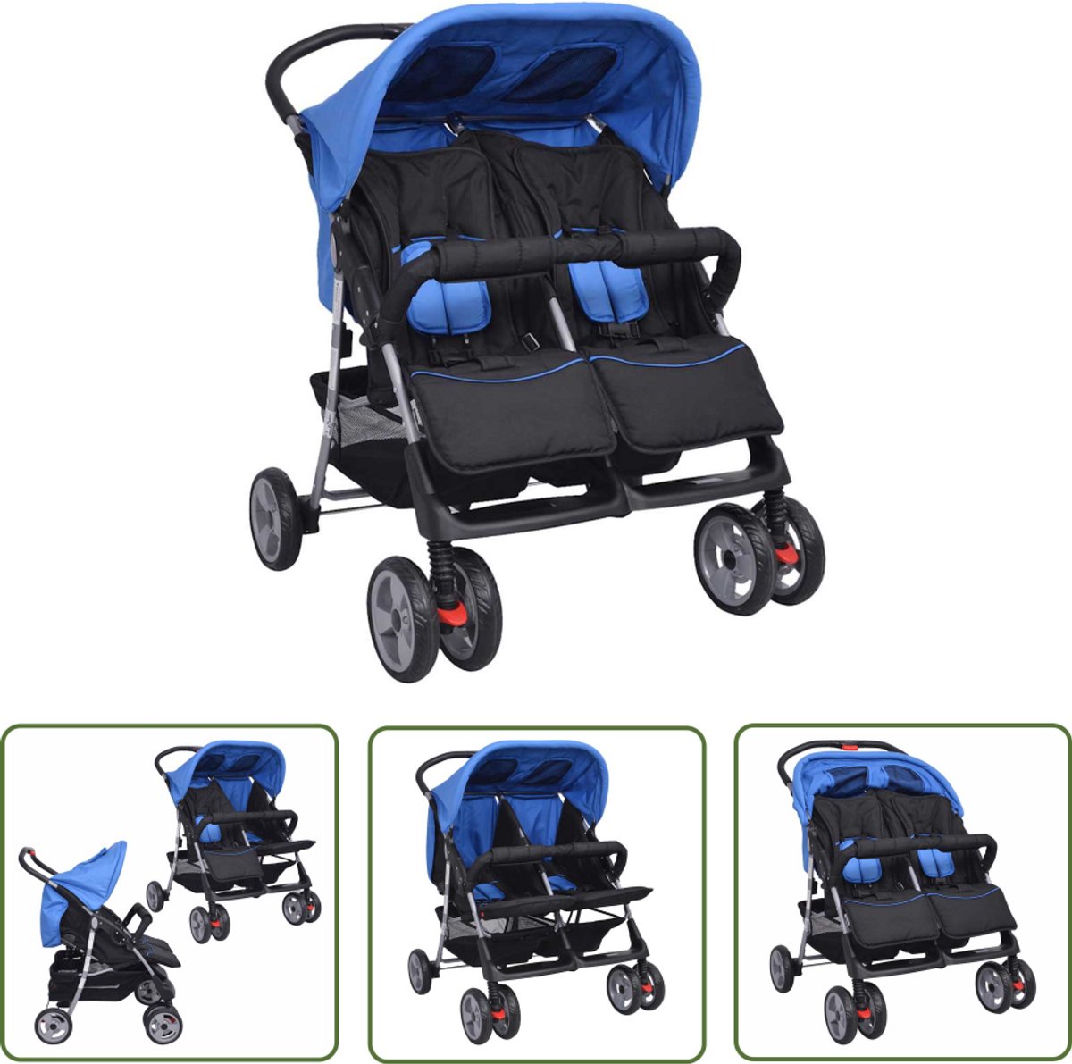 The Living Store Kinderwagen Twin - Blauw/Zwart - 80 x 96 x 104 cm - Inklapbaar