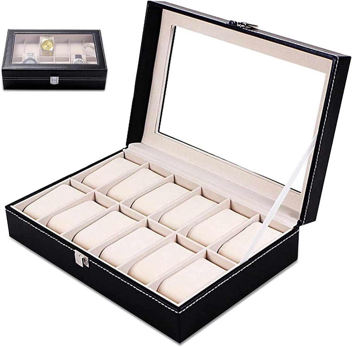 Watch Box Met Spiegel en 12 Compartimenten - Opbergdoos voor Horloges - Metalen Sluiting - Afneembare Kussens - 30 x 20 x 8 cm