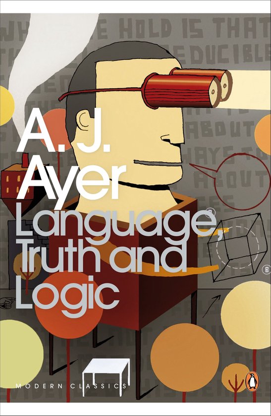 Boekomslag: een man met een bril, met de tekst "A.J. Ayer Language, Truth and Logic".