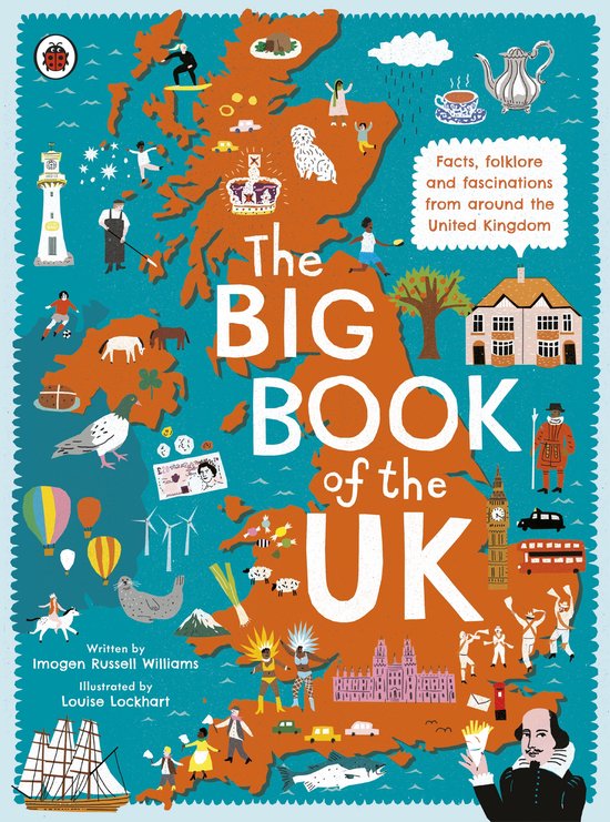 De voorkant van 'The Big Book of the UK' toont een kaart van het Verenigd Koninkrijk, versierd met illustraties van iconische locaties en cultuur.