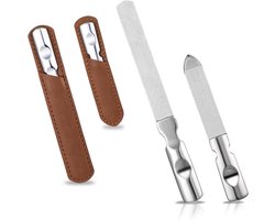 Allecto Plus - Metalen nagelvijlen voor natuurlijke nagels - 2 stuks roestvrijstalen vingernagelvijlen - professionele dubbelzijdige vingernagelvijl - anti-slip handvat - PU-lederen etui - verzorging van nagels - nagelverzorgingsset