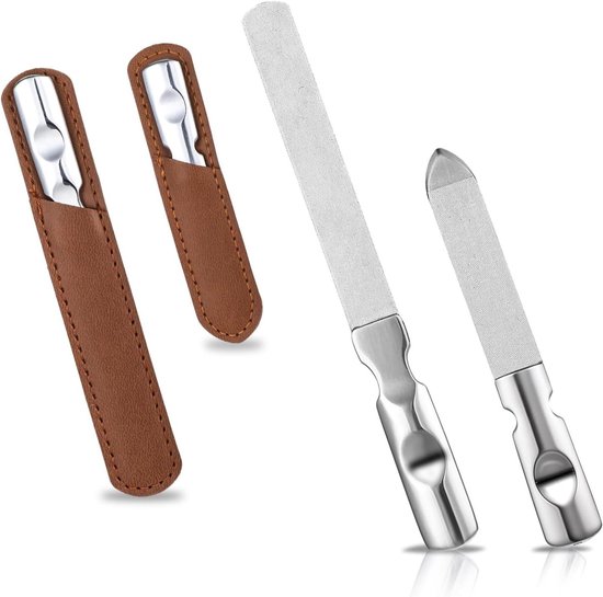 Allecto Plus - Metalen nagelvijlen voor natuurlijke nagels - 2 stuks roestvrijstalen vingernagelvijlen - professionele dubbelzijdige vingernagelvijl - anti-slip handvat - PU-lederen etui - verzorging van nagels - nagelverzorgingsset