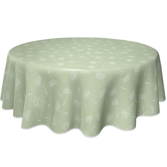 Rond tafelzeil in lichtgroen met een subtiel wit paardenbloemmotief en een decoratieve rand.