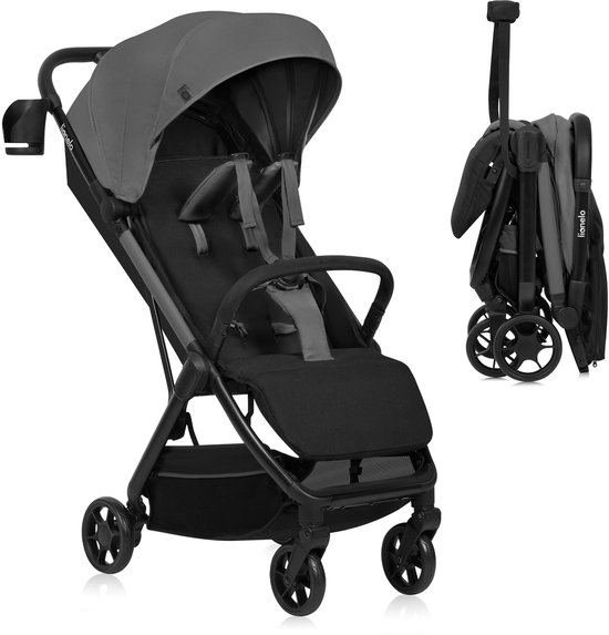 Grijze en zwarte Lionelo kinderwagen, met grijze kap en zwarte zitting. Compact opgevouwen.