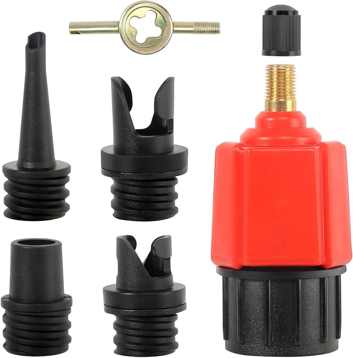 SUP-Pompadapter | Paddleboard-pompadapter | Luchtpompen Converter | 4 Gasmondstukken | SUP-ventieladapter | Schrader-ventieladapter | Opblaasbare boten | Stand-up paddleboard | Opblaasbaar