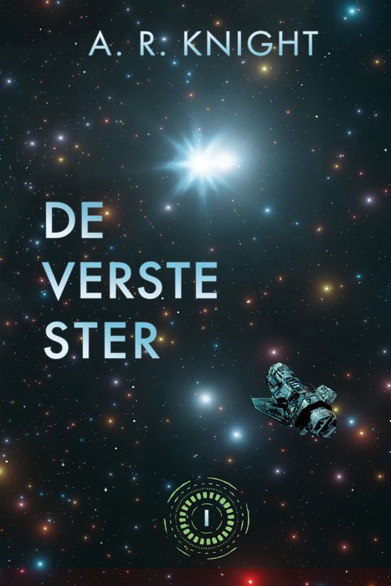 Boekcover met de titel 'DE VERSTE STER' op een achtergrond van sterren en een ruimteschip.
