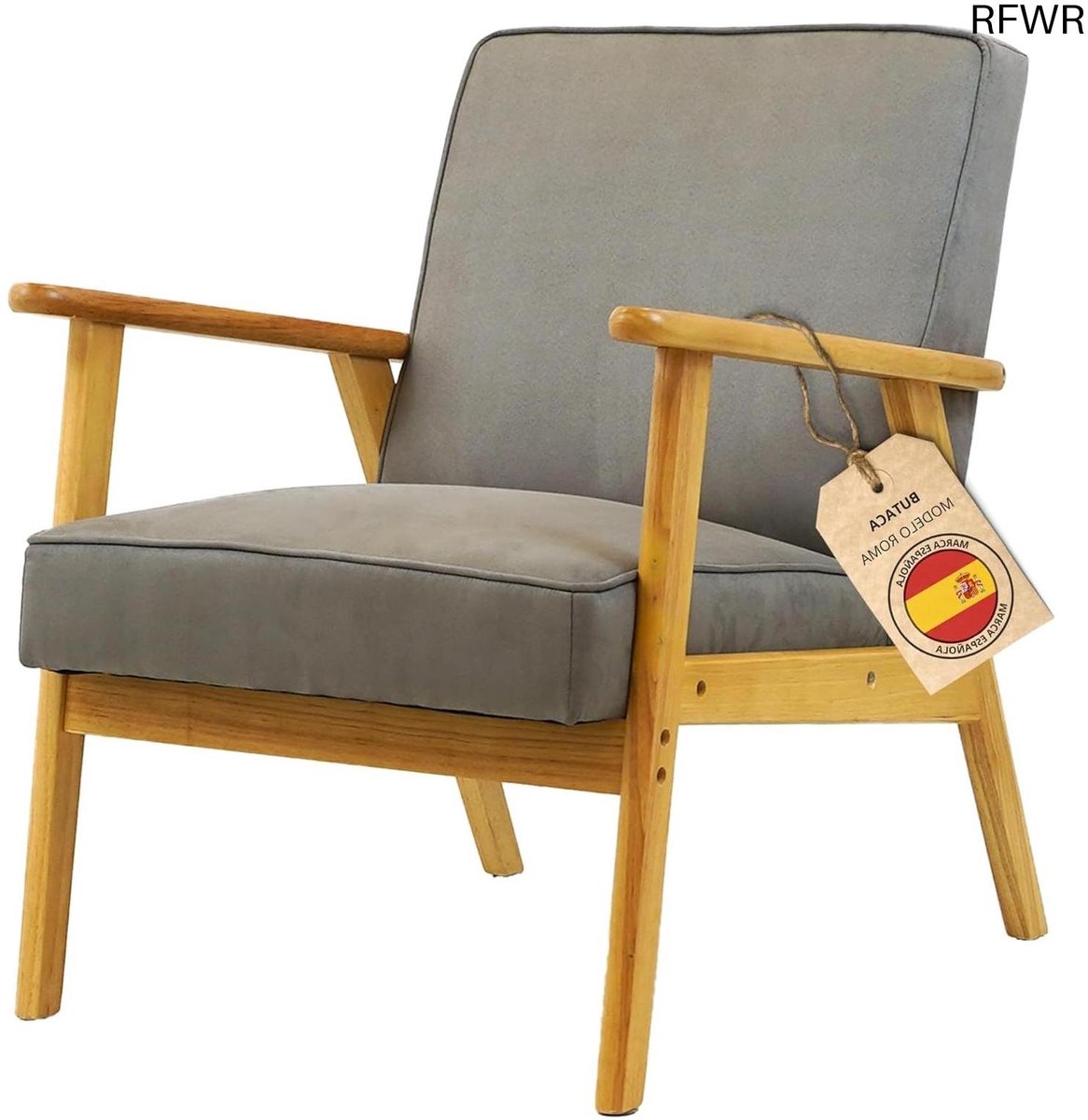 RFWR Scandinavische Fauteuil - Ergonomische Woonkamerstoel van Massief Hout - Vuilafstotend en Comfortabel Grijsnaturel
