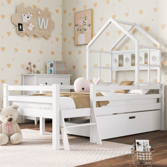 HAUSS SPOLE Eenpersoonsbedden - 90x200 cm - Kinderbed Met Ladder En Lades - Hout - Wit - Zonder Matras