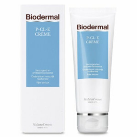 Biodermal P-CL-E crème in witte tube met blauw label. "Verzorgend en probleemoplossend".