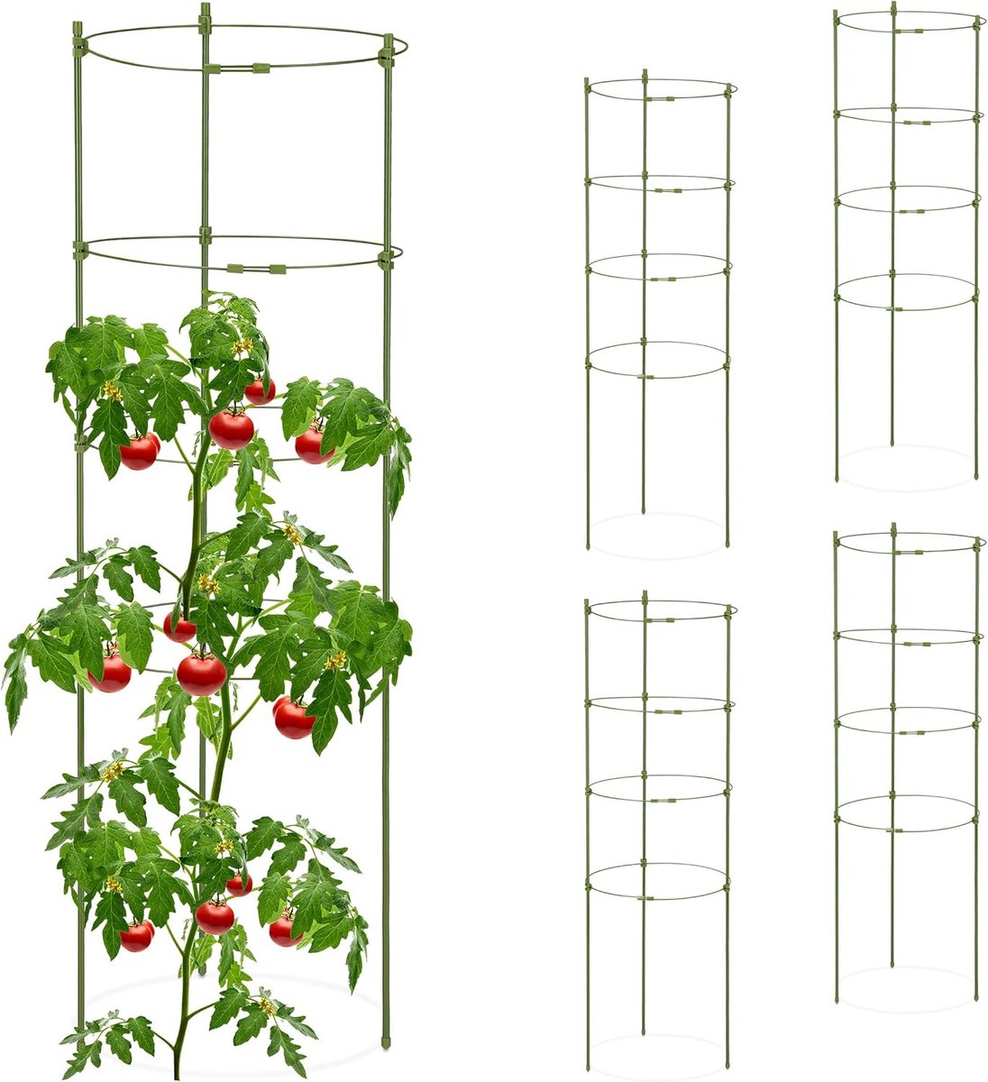 Famanu plantensteun, set van 5, 4 ringen, 90 x 28 cm, tomaten & planten, metaal & kunststof, klimplantensteun, groen
