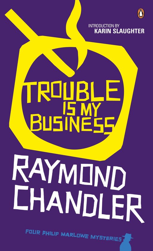 Boekomslag 'Trouble Is My Business' van Raymond Chandler, met gele tekst op een paarse achtergrond.