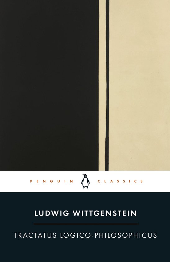 Boekcover met een zwart vlak aan de linkerkant en een crèmekleurig vlak aan de rechterkant, gescheiden door een dunne zwarte lijn. Titel: Tractatus Logico-Philosophicus.