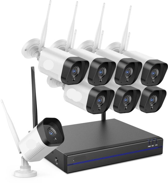 REIGY 3MP WiFi-bewakingsset – 8-kanaals NVR Met 1TB HDD, 4x 1296P Camera's, Spotlicht, Tweeweg Audio, IP66, Voor Binnen En Buiten