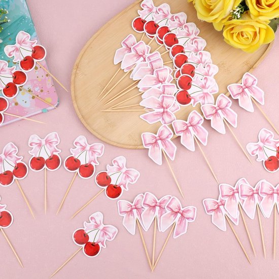 12 Décorations Cupcakes Nœud Rose Avec Perles - Toppers Non Comestibles Pour Anniversaire, Mariage, Fête Prénatale - 8