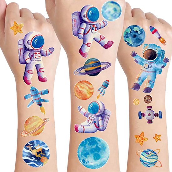 12 Sheets Space Glitter Tattoos voor Kinderen - Planeten Thema - Tijdelijke Tattoos voor Ruimtefeest - Cadeau voor Kinderen en Astronauten