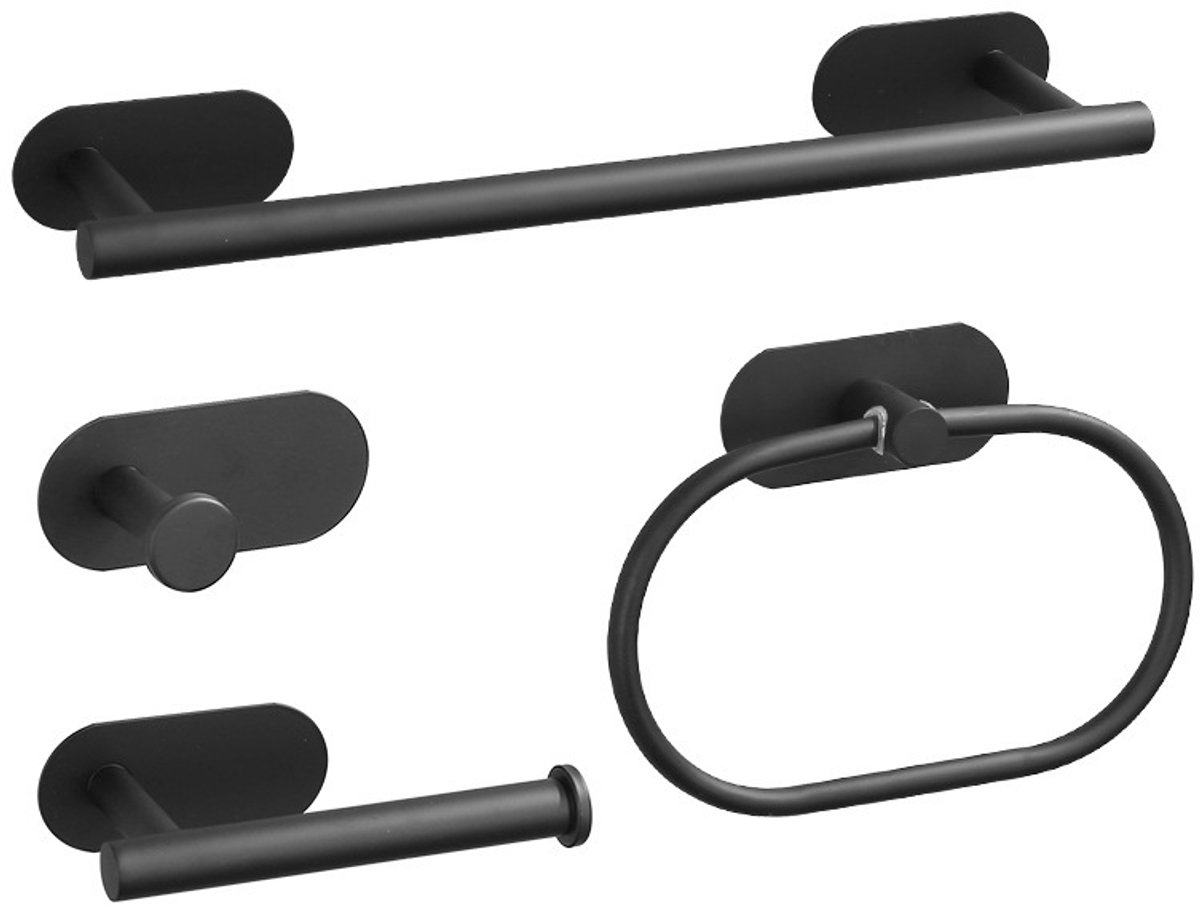 4-delige badkamermeubelset zonder boren, 16-inch zwarte roestvrijstalen toiletrolhouder en 2 badjashaken