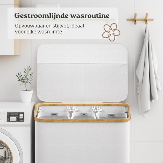 Panier à linge Avela 3 compartiments - 160 L - Wit - Panier à linge avec couvercle - Trieur de linge