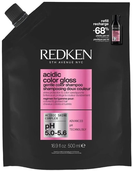 Pochette de recharge noire avec shampooing Acidic Color Gloss de Redken. Étiquette rose avec texte en blanc et violet. pH 5.0-5.6. 500 ml.