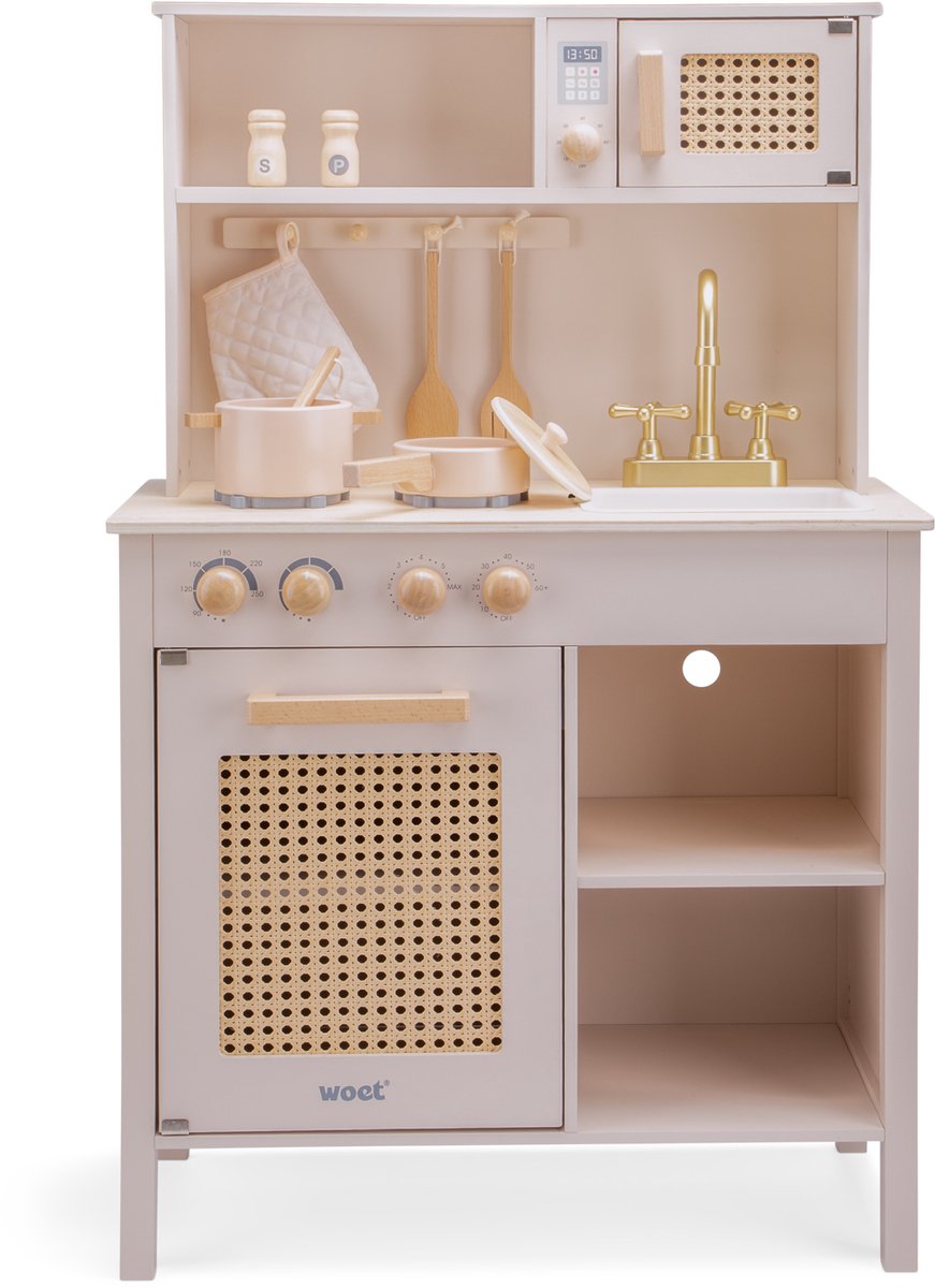 Woet® Houten Speelgoed Kinderkeuken - Speelkeukentje met Rotan Details en Gouden Kraan - Speelkeuken Roze met Diverse Accessoires - Werkbladhoogte 55 cm - Rollenspel - Vanaf 3 Jaar — afbeelding 7
