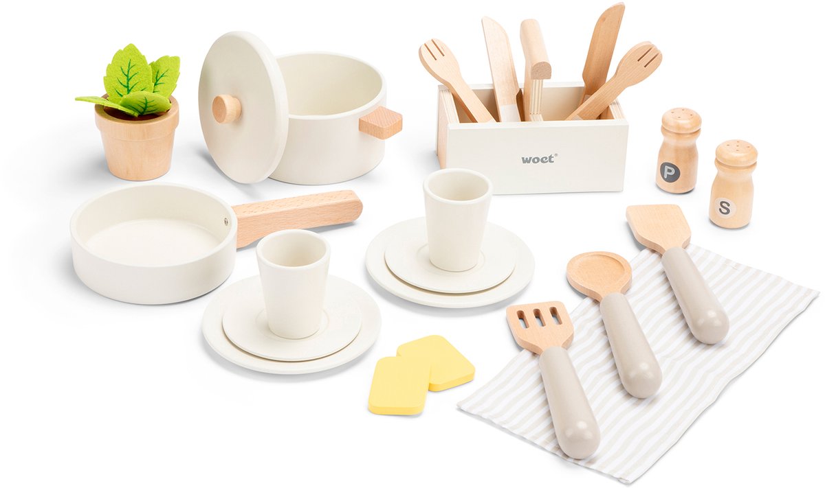 Woet® Houten Speelgoed Kinderkeuken met Vaatwasser - Speelkeukentje met Pannen, Servies, Kruidenplantje en Gouden Kraan - Speelkeuken Gebroken Wit - Werkbladhoogte 55 cm - Rollenspel - Vanaf 3 Jaar — afbeelding 7