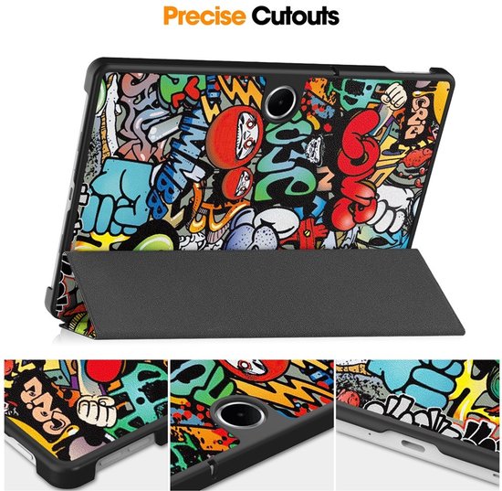 Zwarte tablethoes met een graffiti print in felle kleuren. De hoes kan rechtop staan.