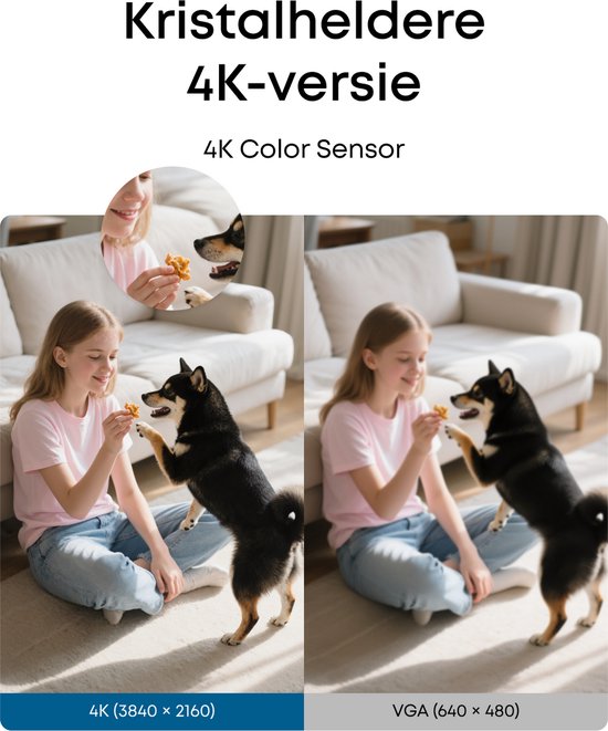 Vergelijking van 4K-beeldkwaliteit met VGA-beeldkwaliteit, meisje en Shiba Inu.