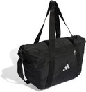 Zwarte sporttas met Adidas logo op de zijkant. Twee handvatten en een afneembare schouderband.