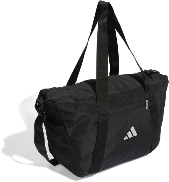 Zwarte sporttas met Adidas logo op de zijkant. Twee handvatten en een afneembare schouderband.