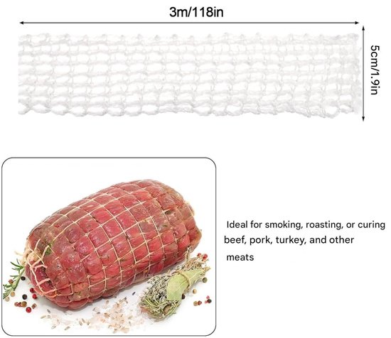 cersaty® 4 rollen 3 m ratennet, 16 gaten hamnet elastisch rolbraden net voor bewaren, braden, koken, vlees en ham met 2 bakborstels