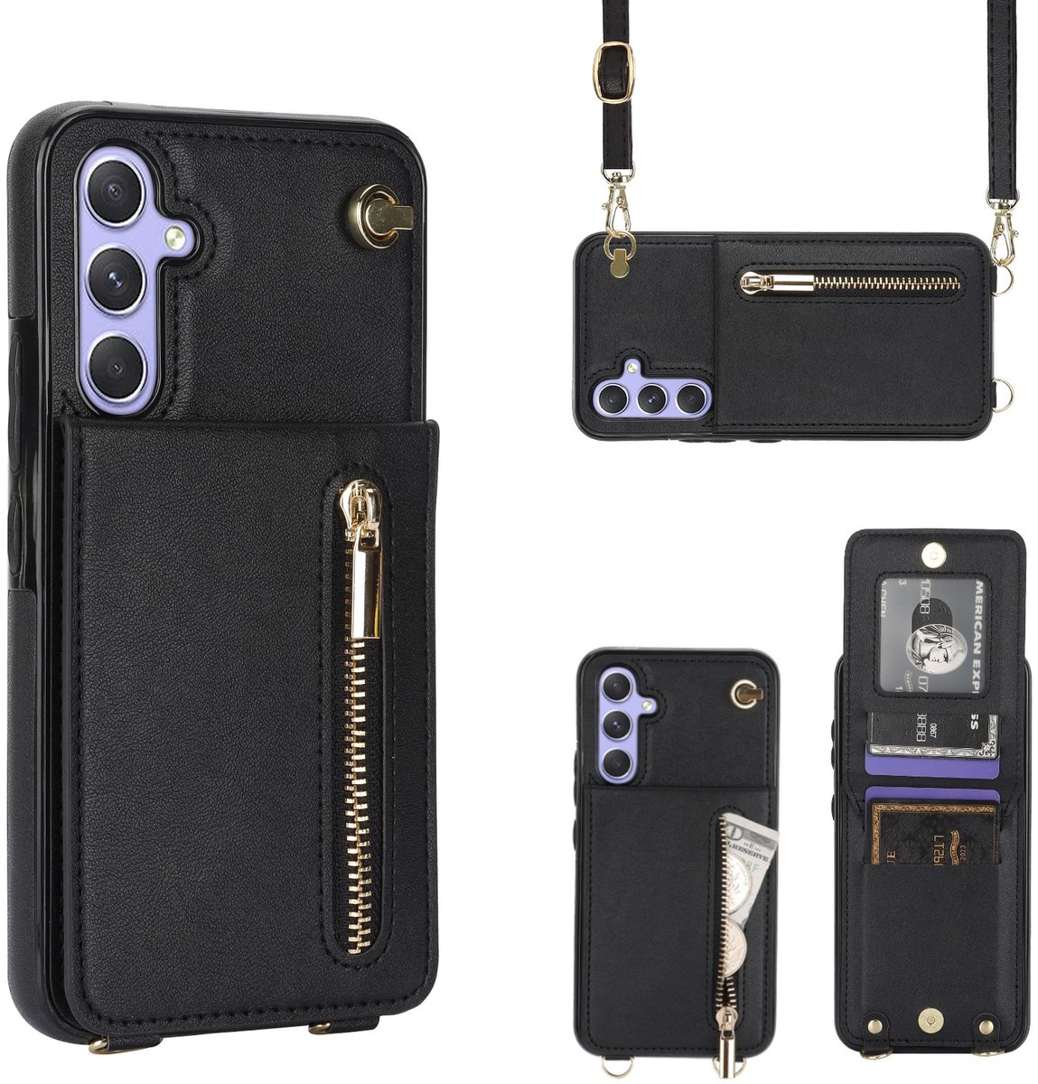 Multimedia & Accessoires Stijlvolle Leren Fashion Backcover Case Hoesje met Koord, Stand Ritsvak en Pasjeshouders geschikt voor Samsung Galaxy A26 5G - Zwart