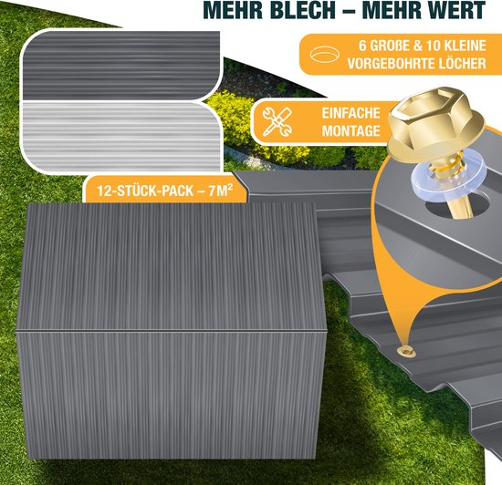 KESSER Lot De 12 Plaques Tôle Profilée Trapézoïdale Anthracite 129 × 45 Cm – 7 M² Acier Galvanisé 0,25 Mm Toit Abri Jardin, Carport, Hangar – Montage Facile + Gants Offerts