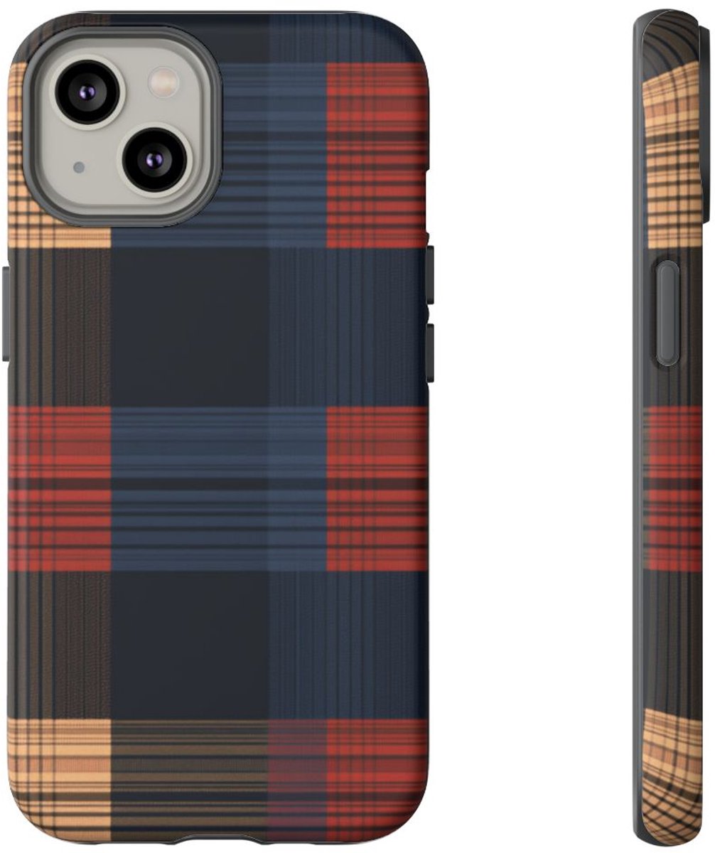 Caramel en Donkerblauw Geruit Patroon – Telefoonhoesje Geschikt voor iPhone 14